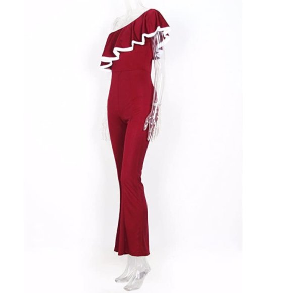 NWT One Shoulder Ruffle Bell Bottom 70s Jumpsuit. - Picture 5 of 7